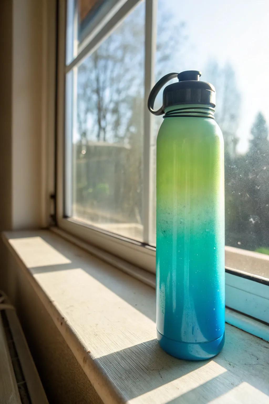A drink container displaying a dynamic gradient design in hues of blue and green.