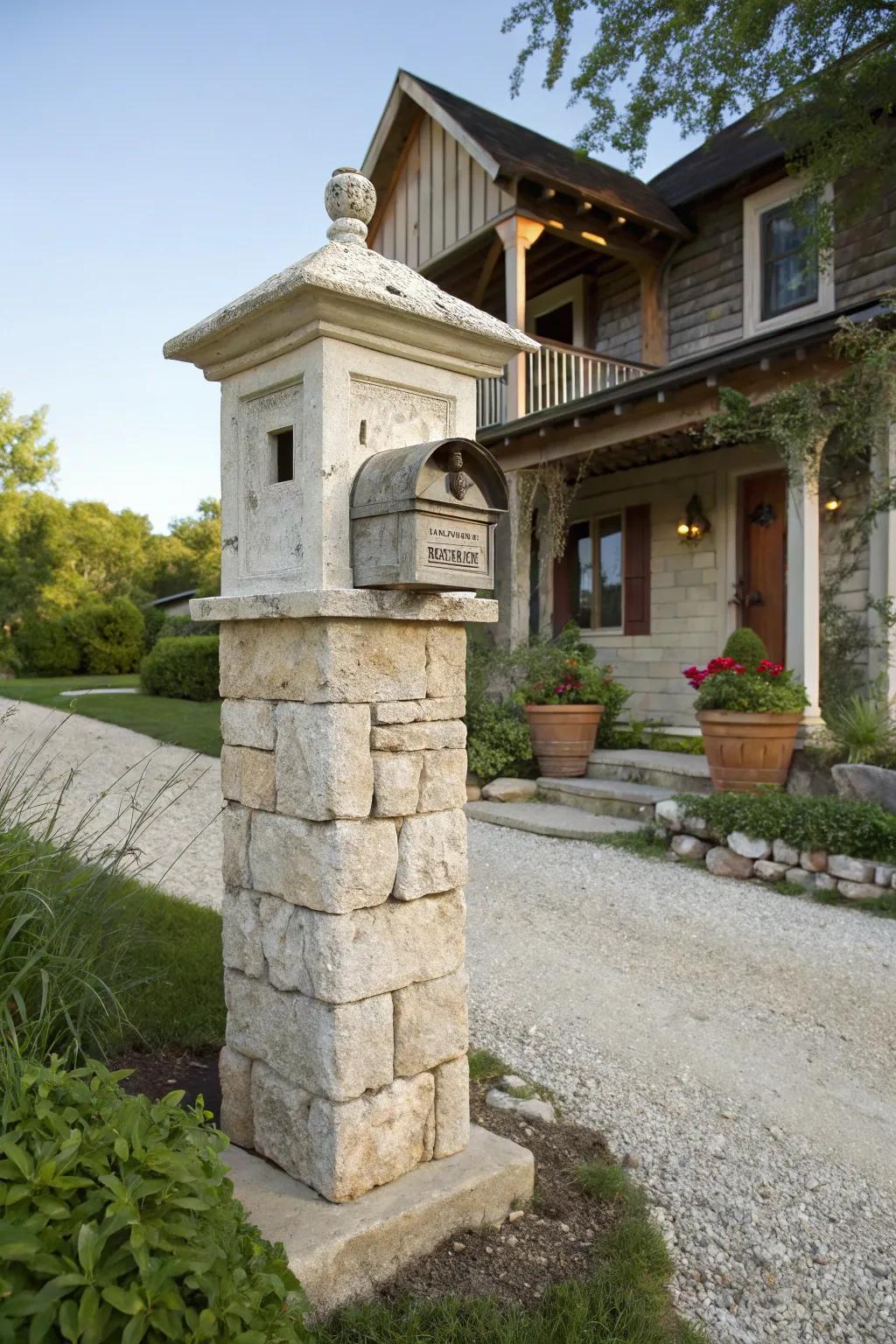 A charming mailbox pillar made of limestone, radiating rustic beauty.