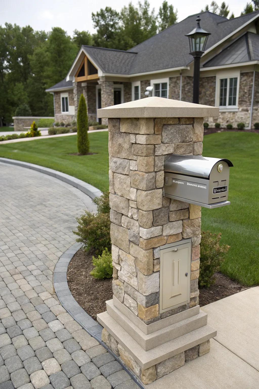 A contemporary stone mailbox pillar with shiny metal details.
