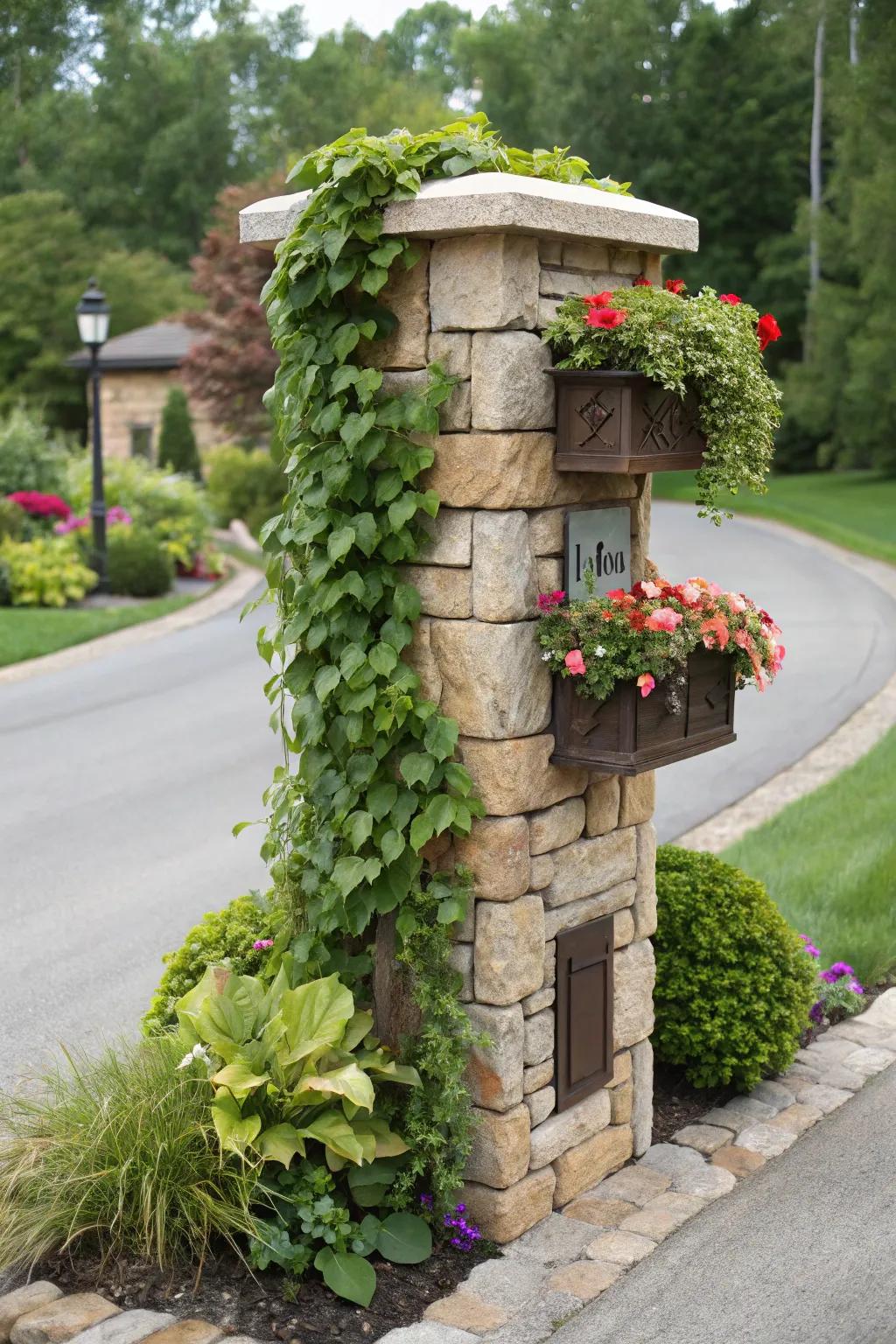A stone mailbox pillar adorned with a lush living wall.