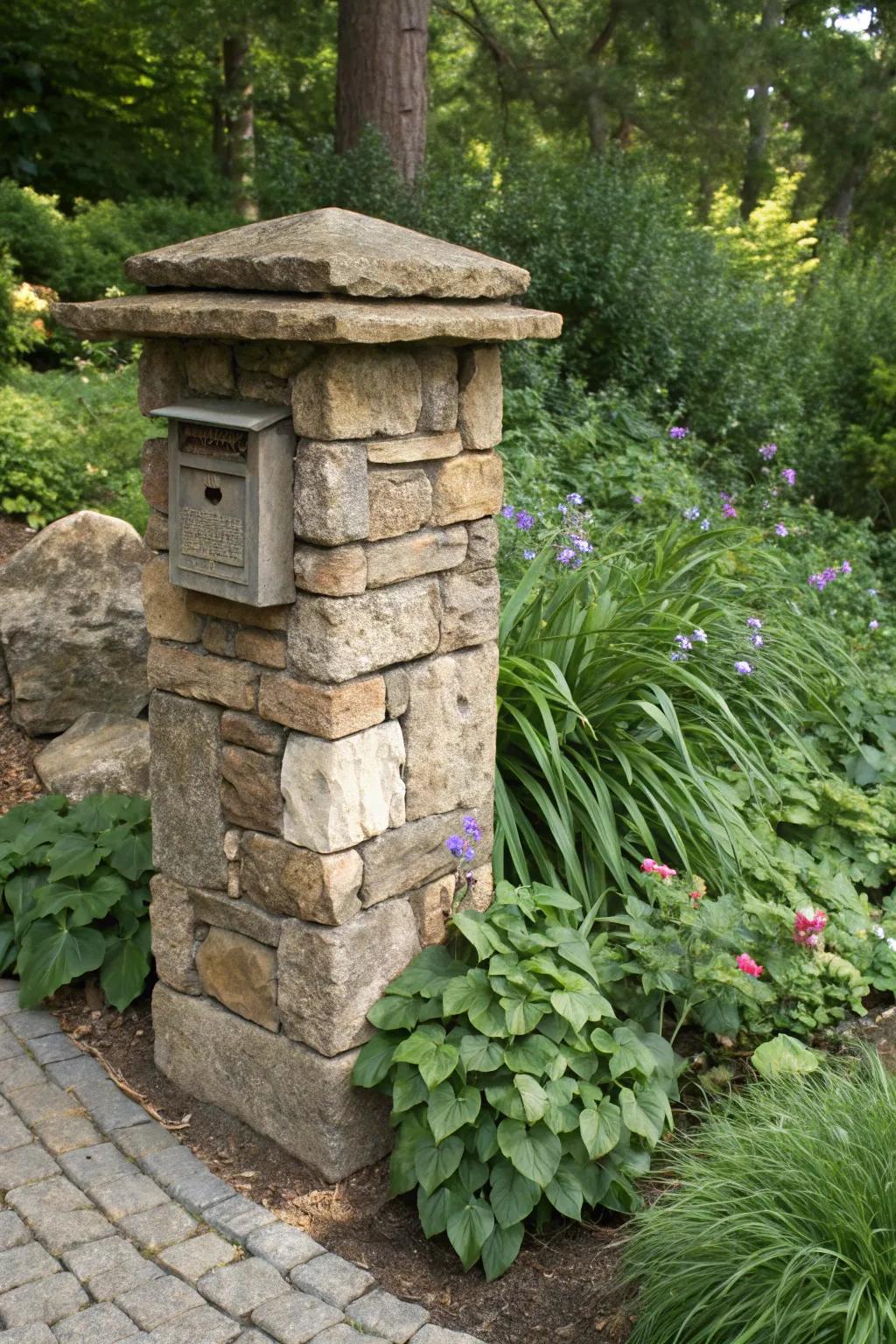 An eco-friendly mailbox pillar crafted from repurposed stone.
