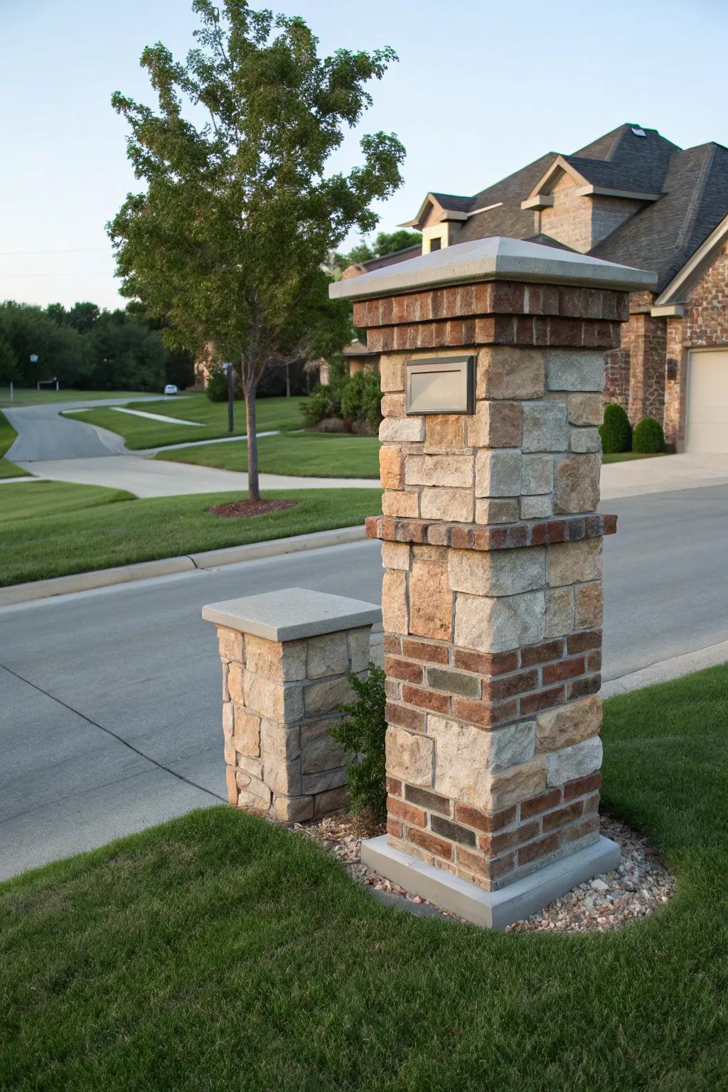 A classic brick mailbox pillar enhanced with a stone covering.