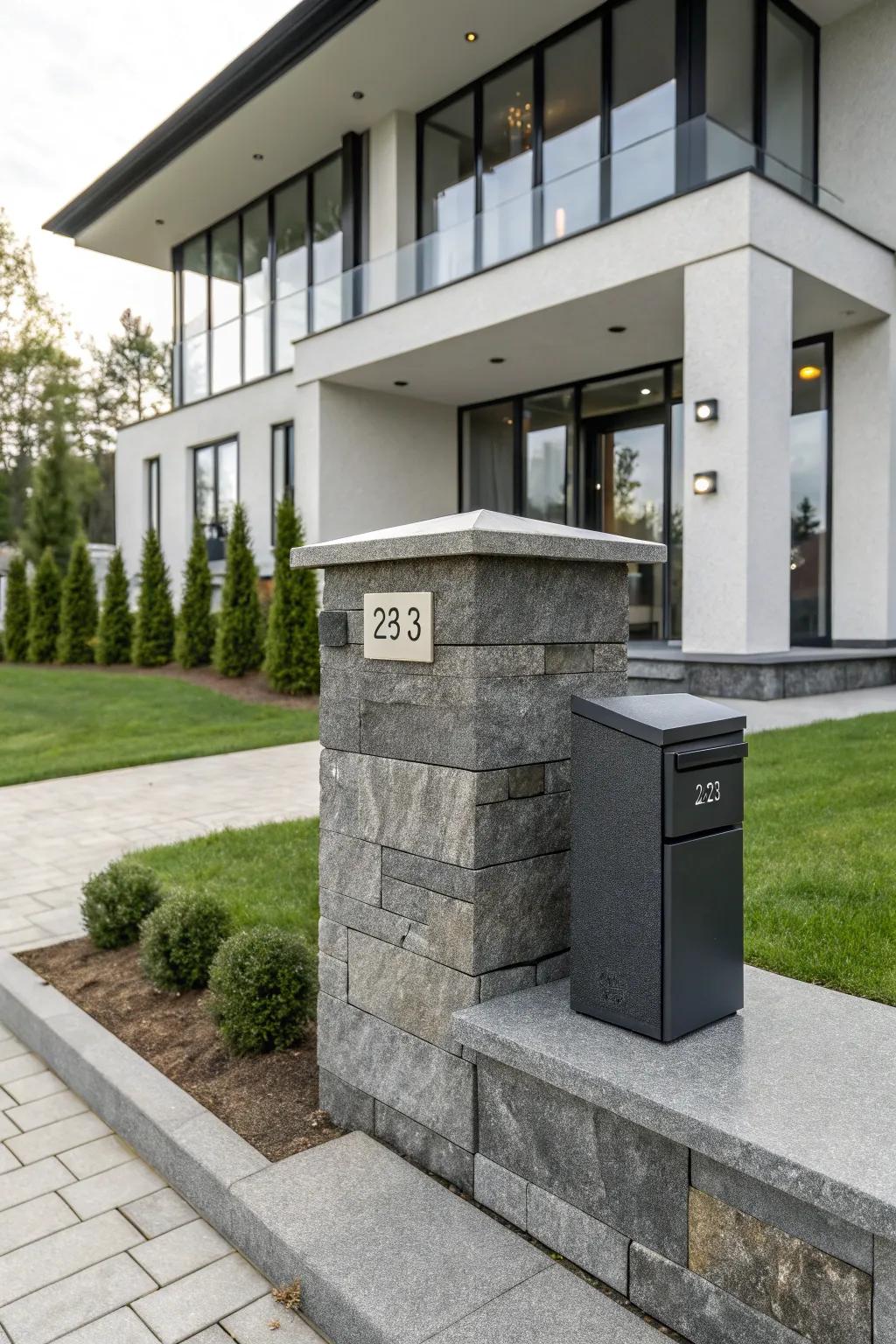 A sleek mailbox pillar of granite, showing off modern simplicity.