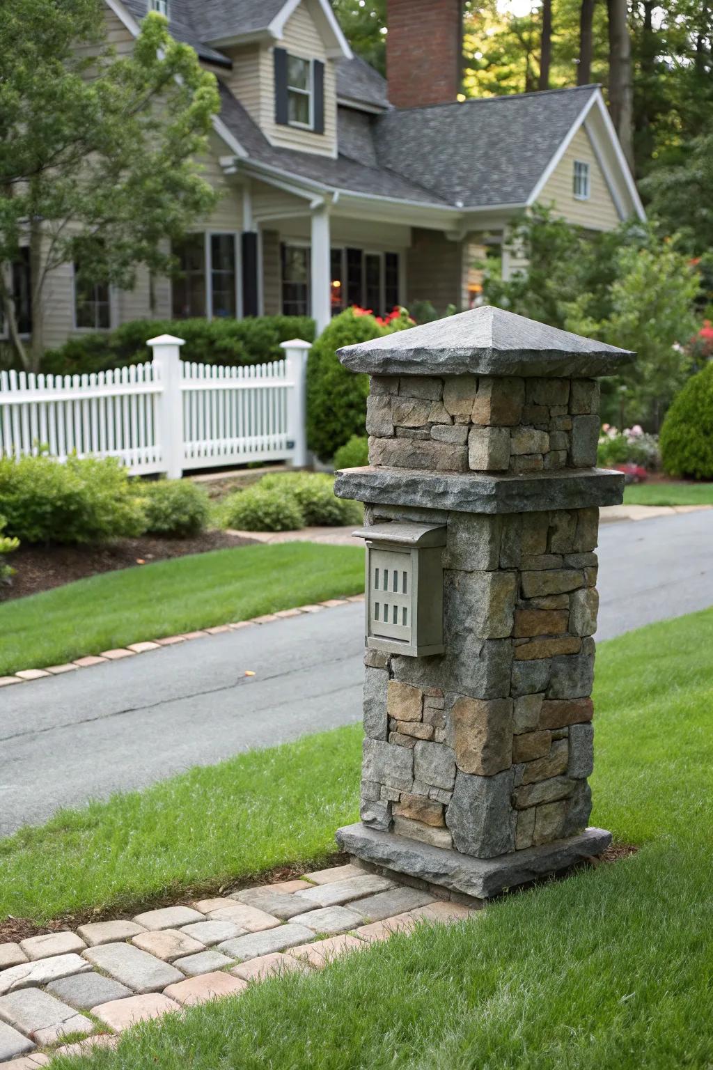 A creative slate mailbox pillar displaying unique textures.