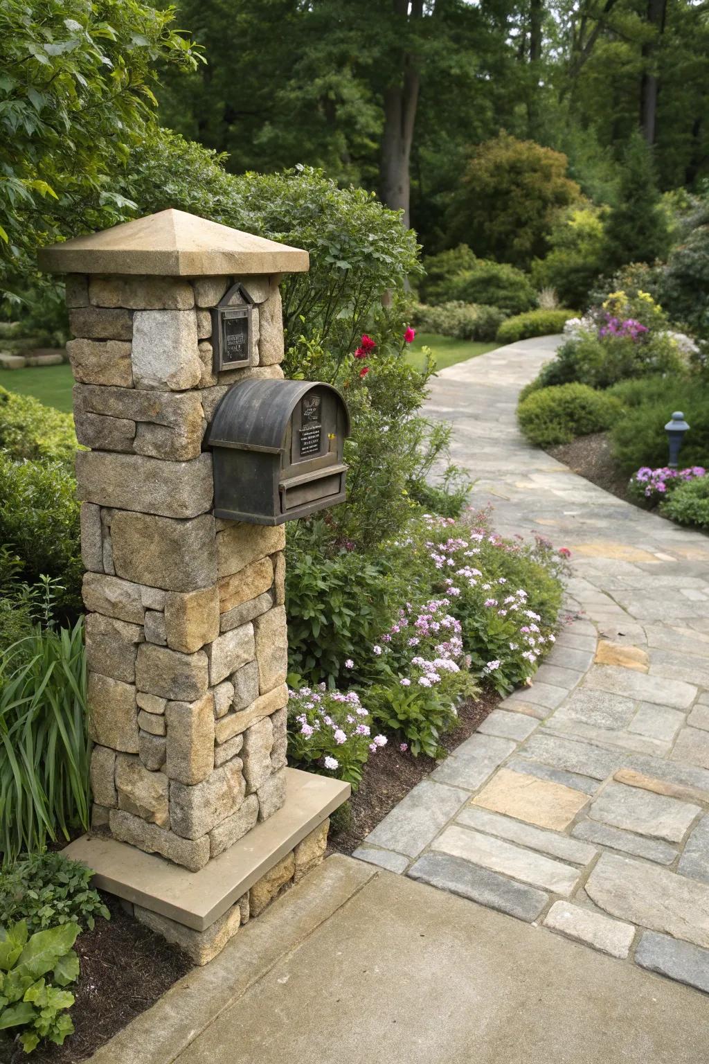 A stone mailbox pillar seamlessly blending with garden elements.