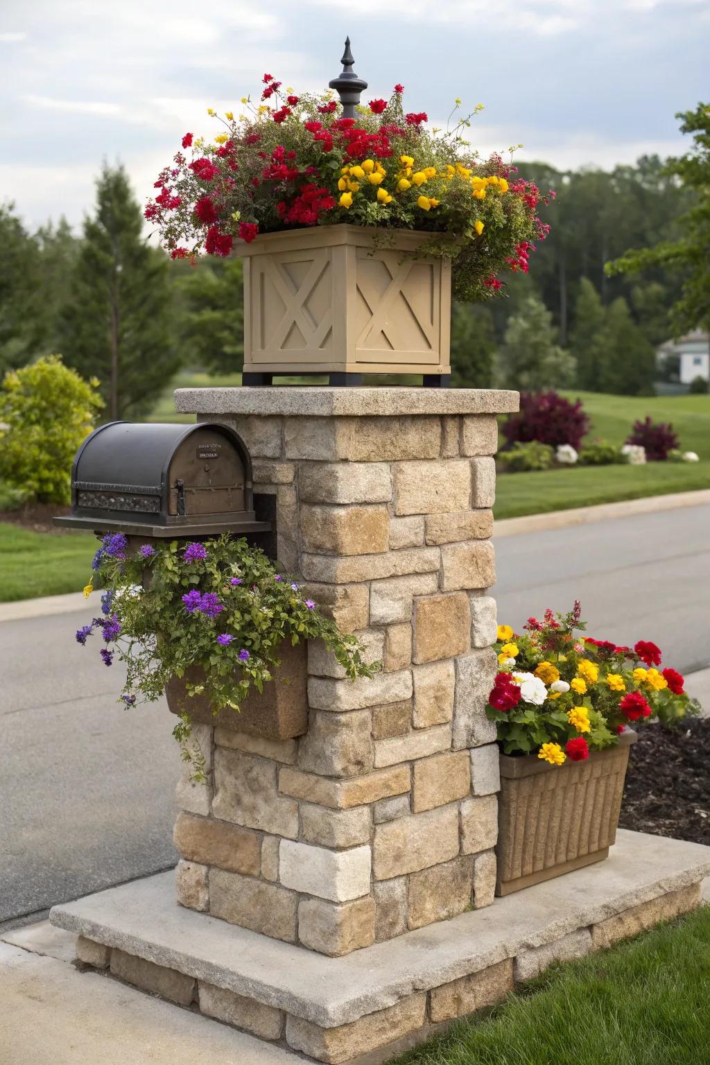 A stone mailbox pillar that includes a lively built-in flower box.