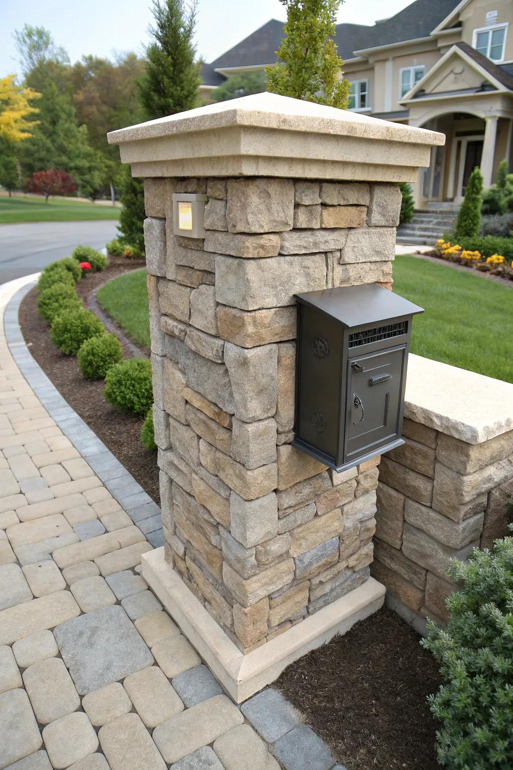 A stone mailbox pillar with a smart hidden space feature.