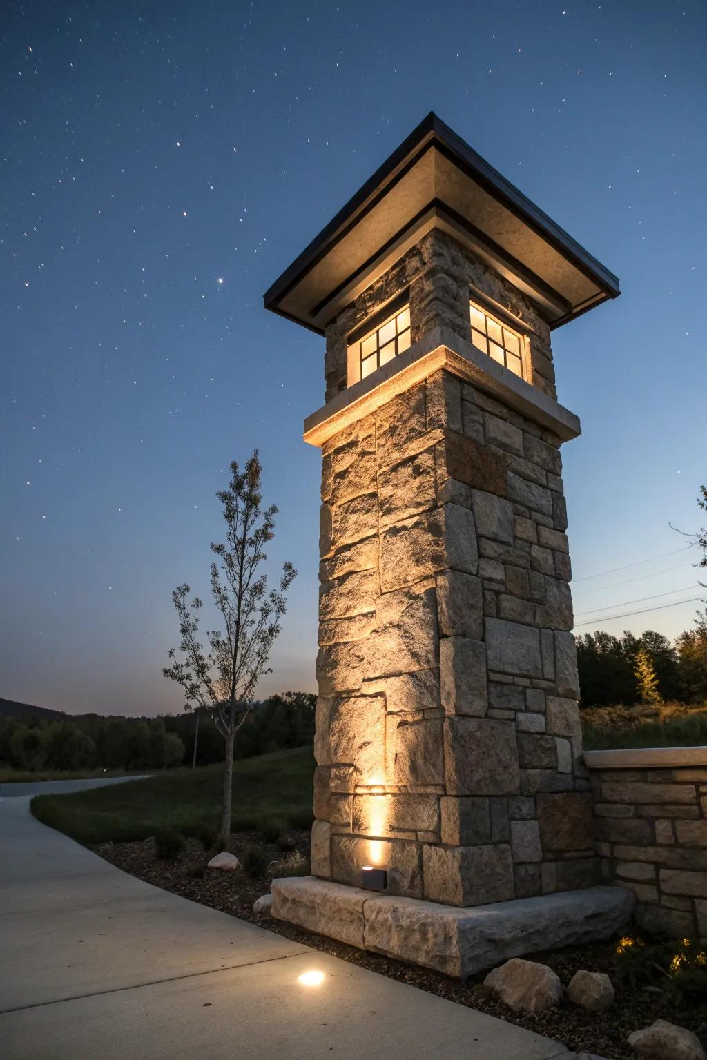 A beautifully lit stone mailbox pillar that enhances nighttime charm.