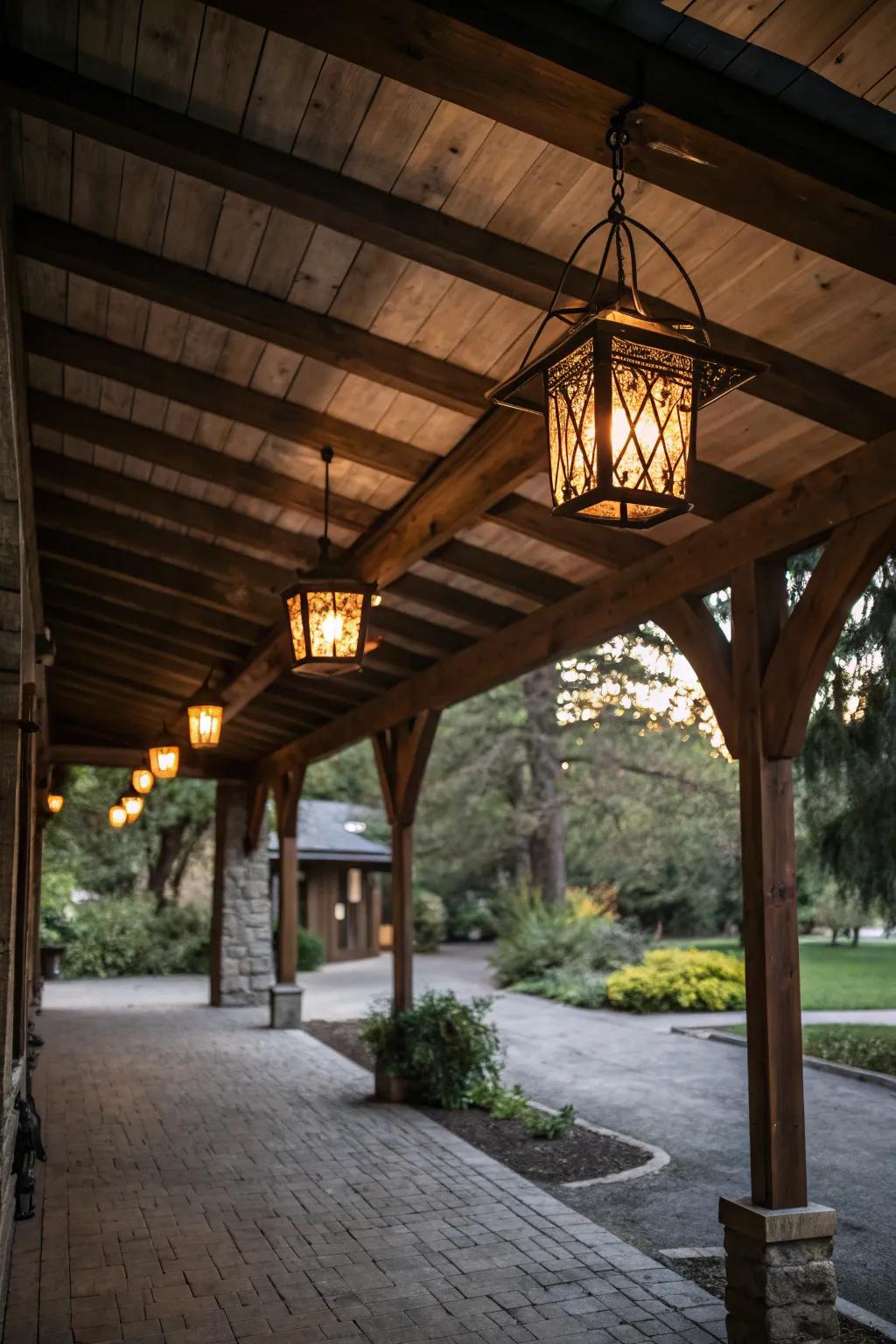 Vintage lanterns impart warmth and appeal to your carport.