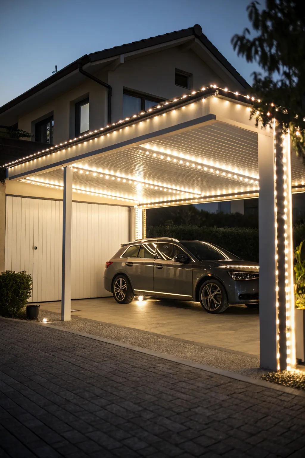 LED strips cast a soft, welcoming light across your carport.