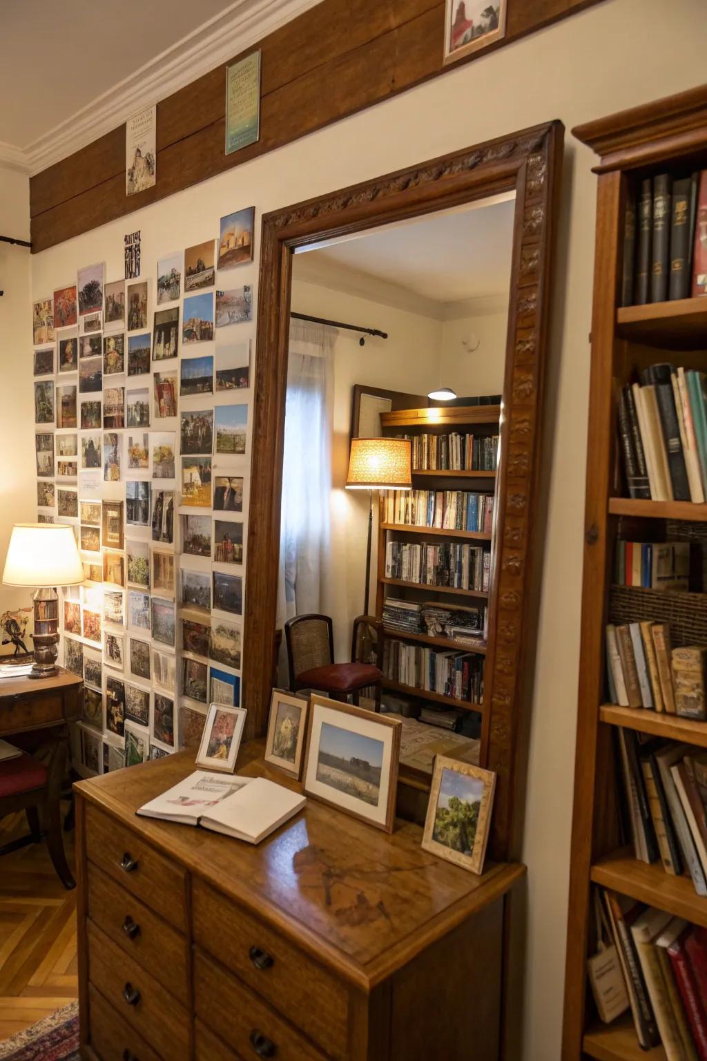 Personal memorabilia around a mirror forges a meaningful focal point.