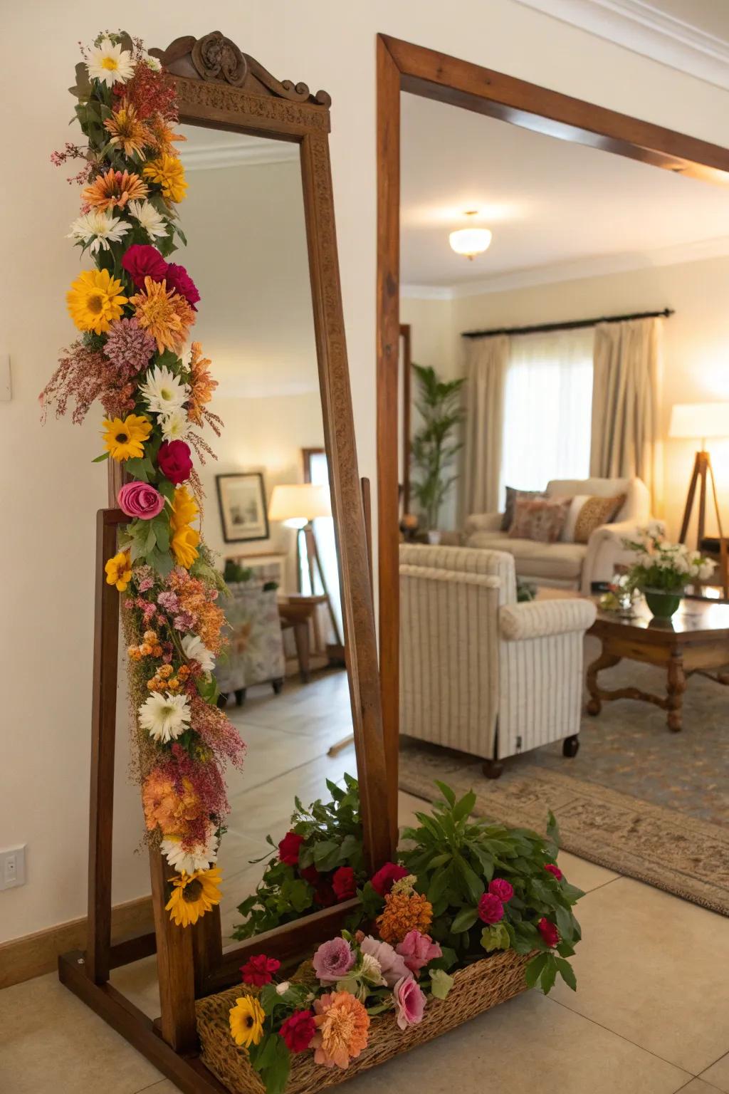 A mirror framed with floral accents radiates a fresh and vibrant ambiance.