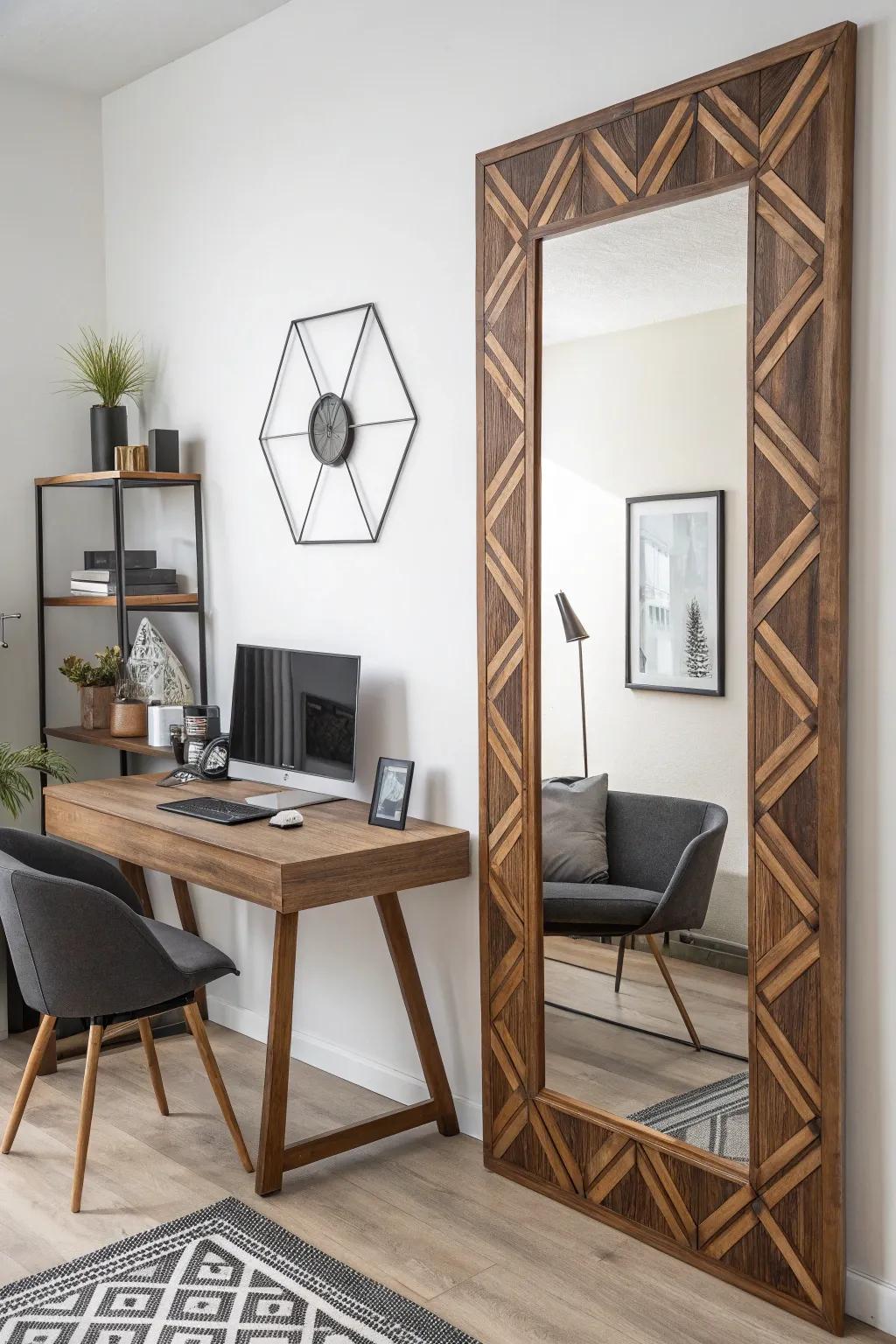 Geometric designs introduce a contemporary flair to any mirror.