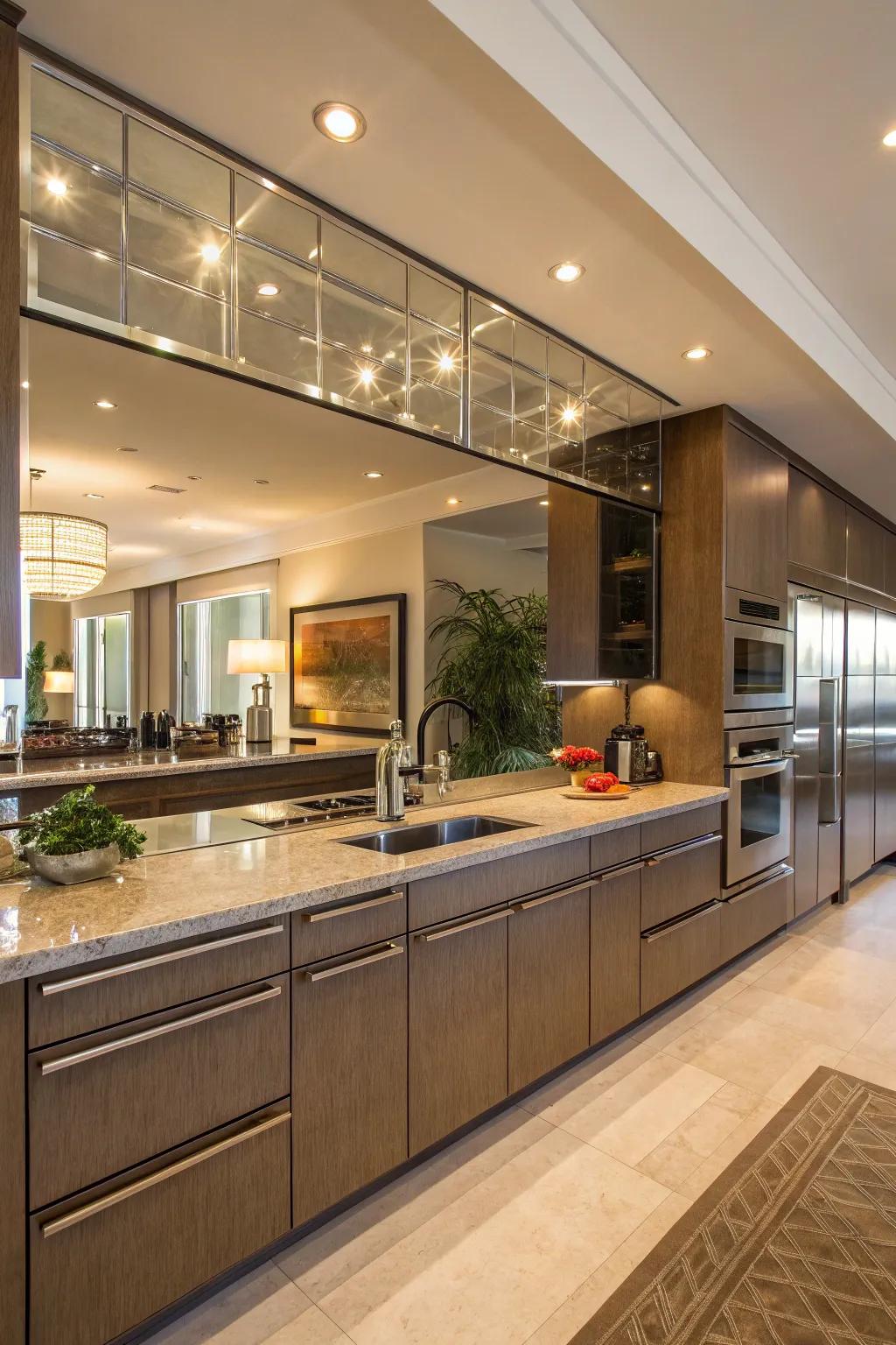 Mirrored backsplashes are ideal for expanding and brightening cooking areas.