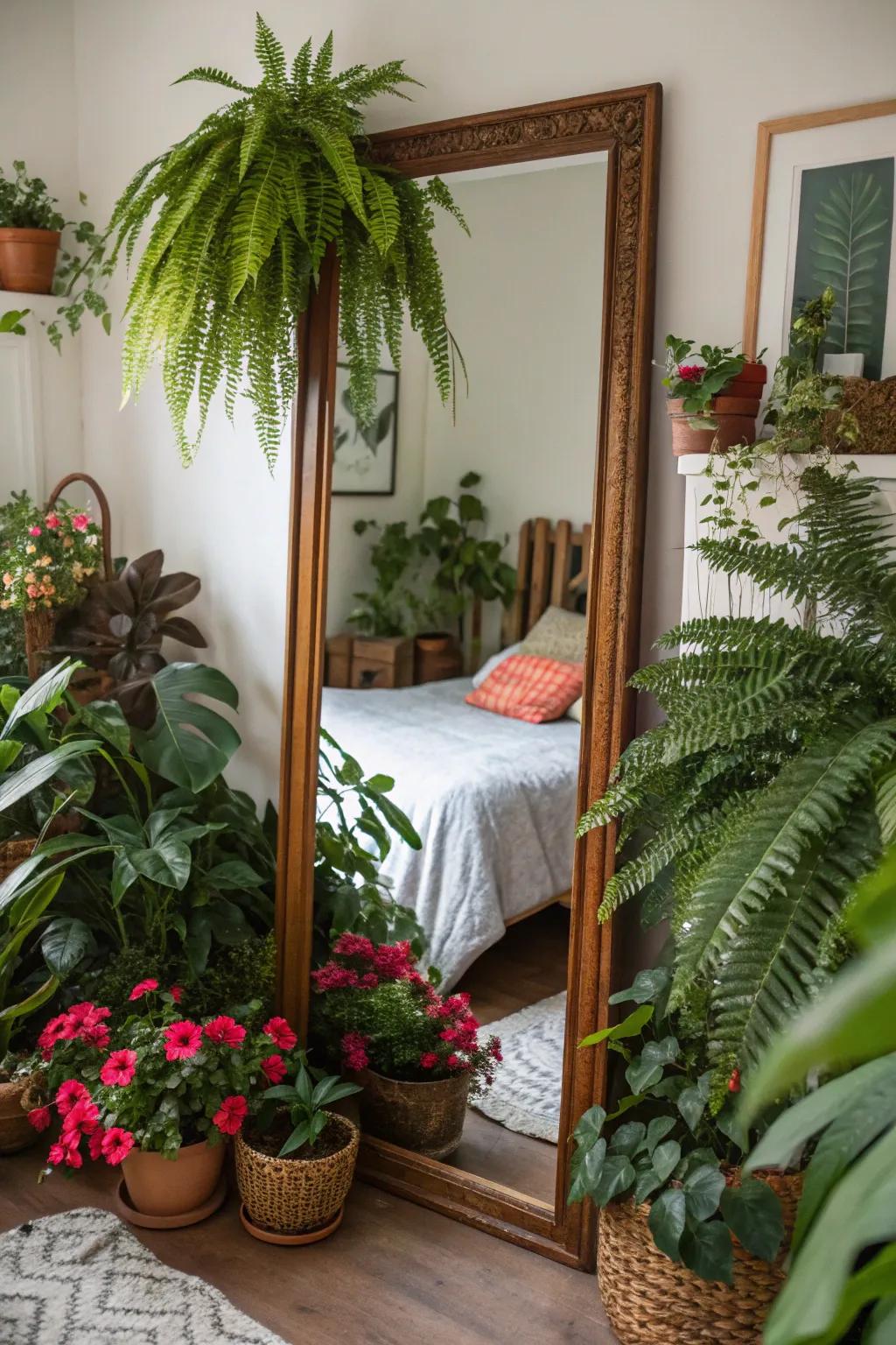 Plants enhance the natural allure of mirrors, forging serene spaces.