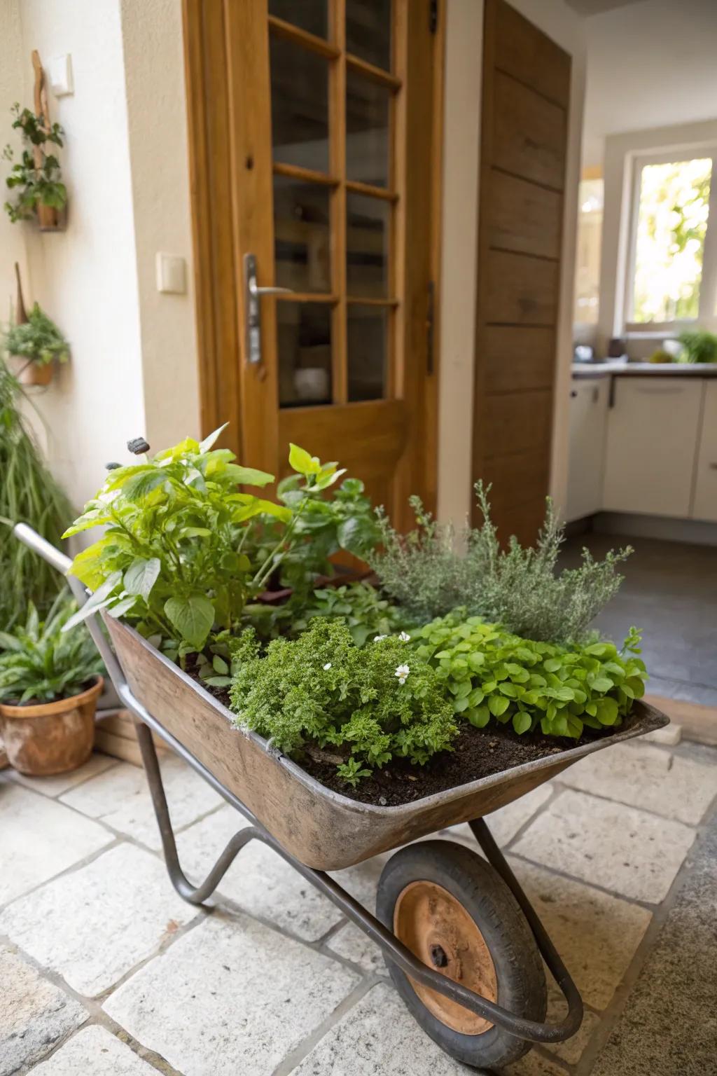 A convenient and aromatic herb garden inside a wheelbarrow.