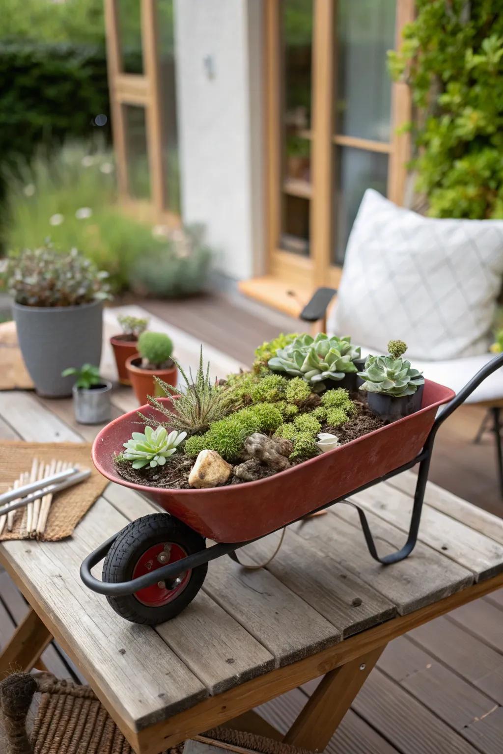 An adorable miniature wheelbarrow planter for small settings.
