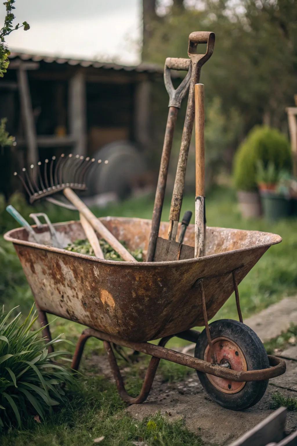 Add rustic charm through a tool-focused wheelbarrow display.