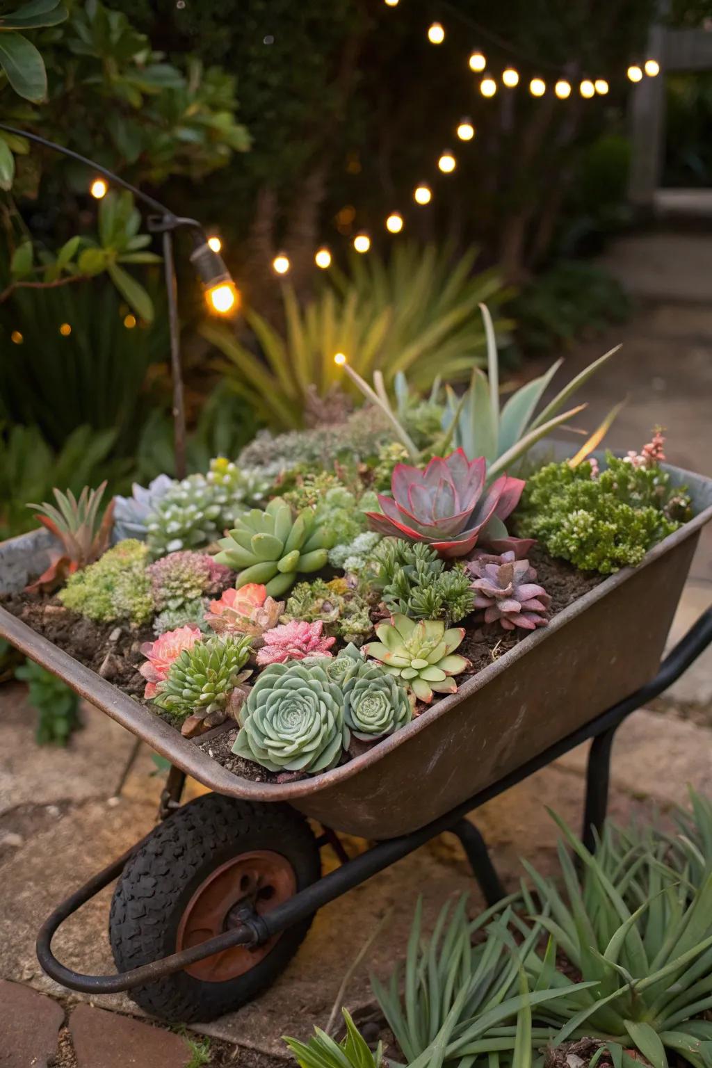 A vibrant variety of succulents in a wheelbarrow container.