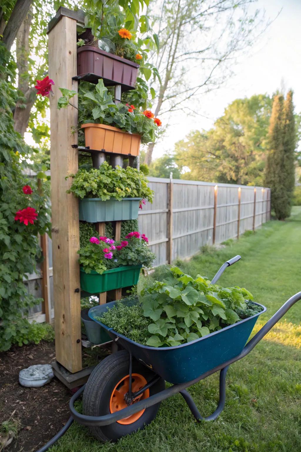Conserve space through a high-rise garden wheelbarrow.