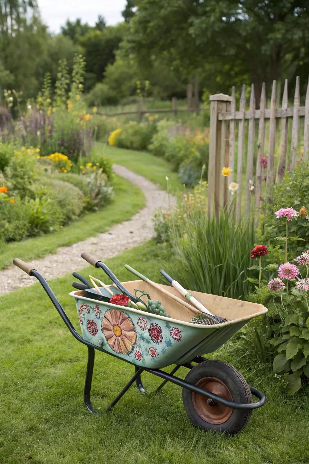 Express creativity through a hand-painted wheelbarrow.