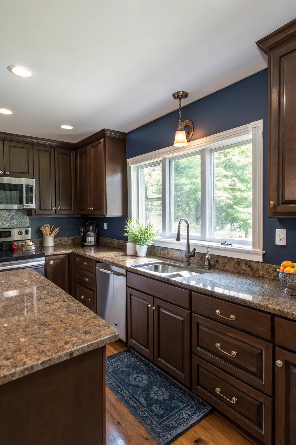 Ocean blue walls make a striking, regal contrast.