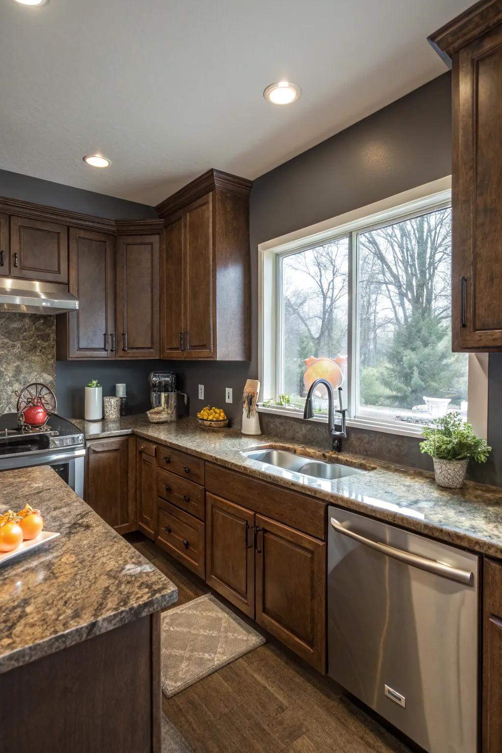 Stormy ash walls give a dramatic, modern contrast.