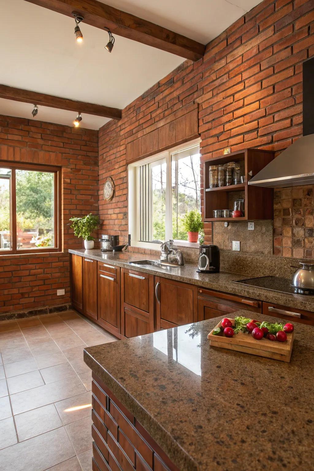 Sunset red walls add warmth and rustic charm to the kitchen.