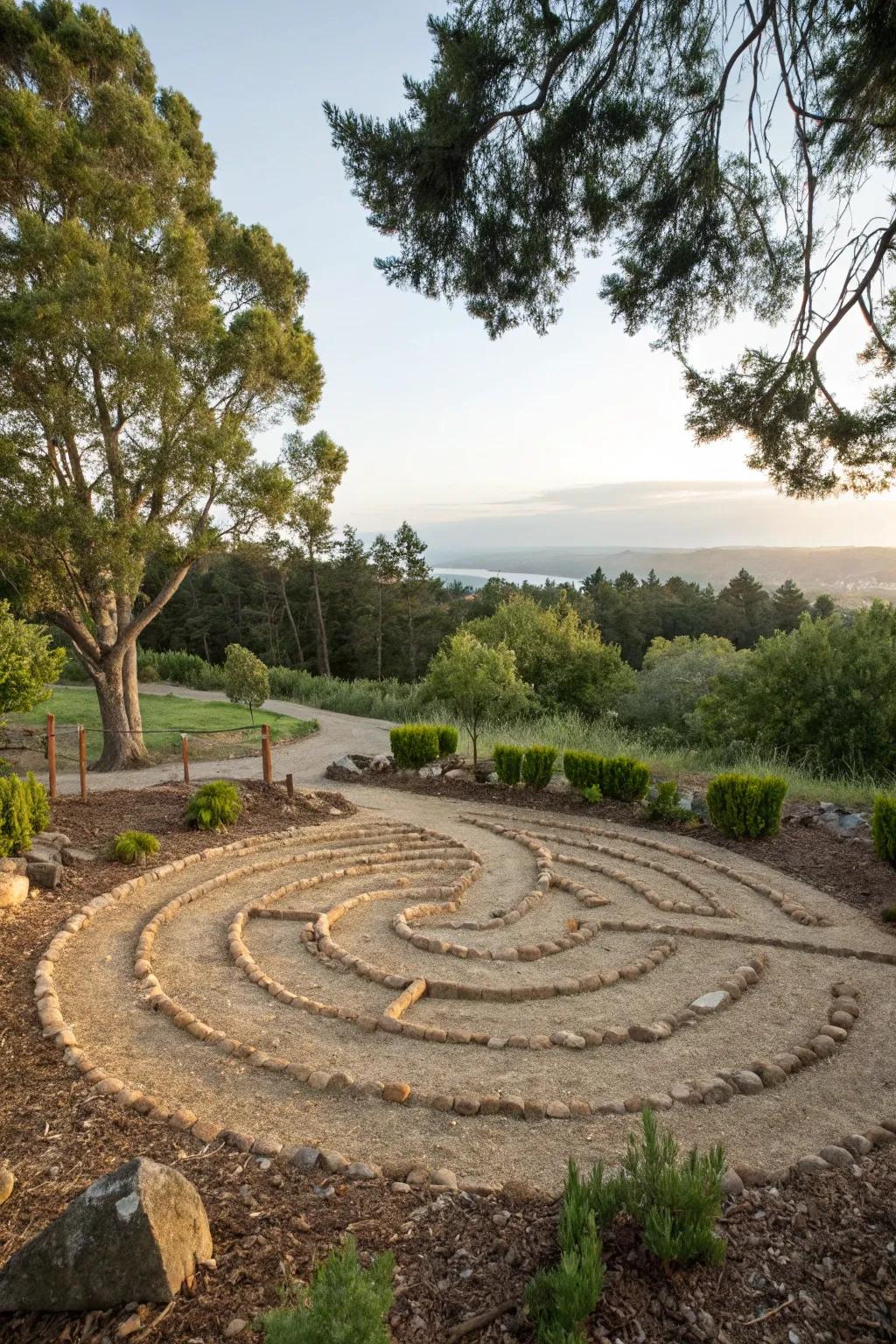 A wooden segment labyrinth provides a natural and earthy walking experience.