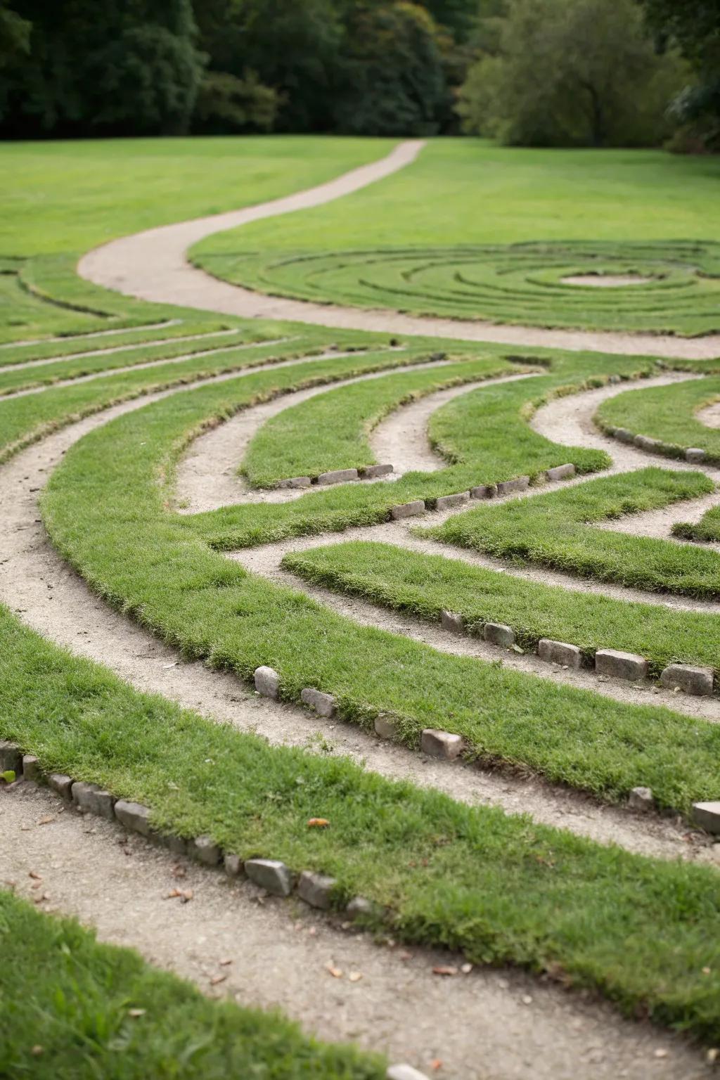 A minimalist grass cut labyrinth offers a simple yet elegant design.
