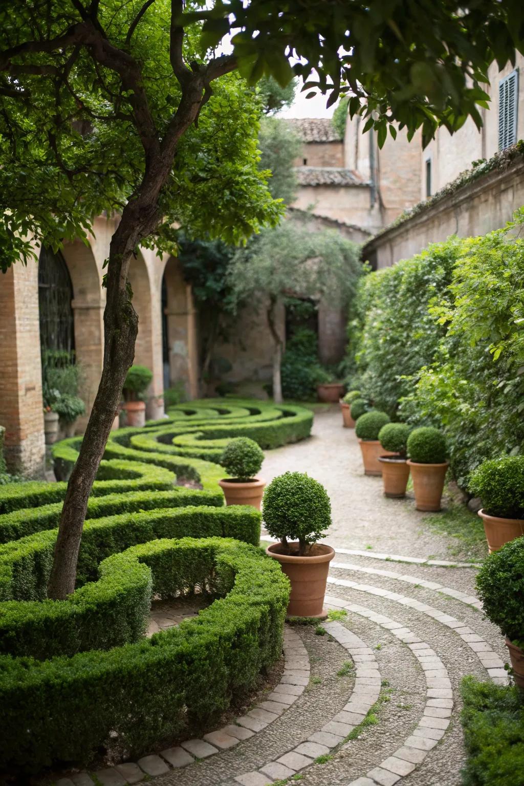 A shelved flora pathway labyrinth permits seasonal customization.