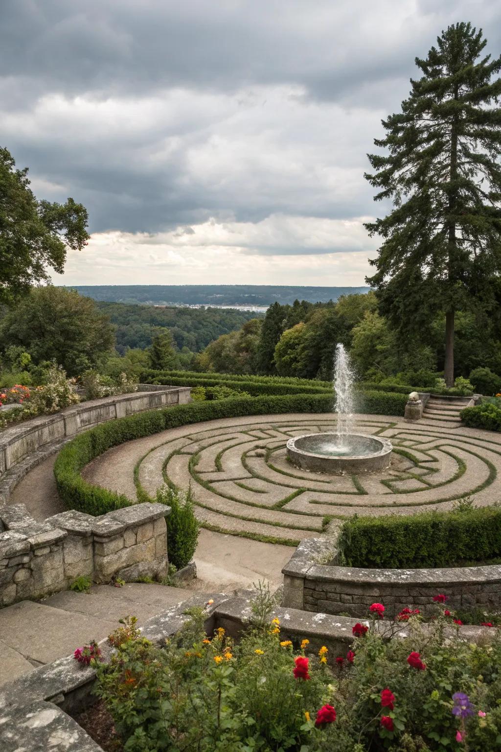 A hydro feature labyrinth enhances tranquility with soothing sounds.