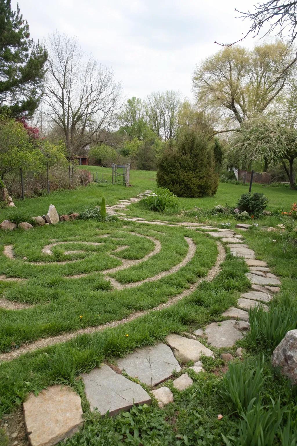 A stone path labyrinth provides a timeless touch in any backyard.