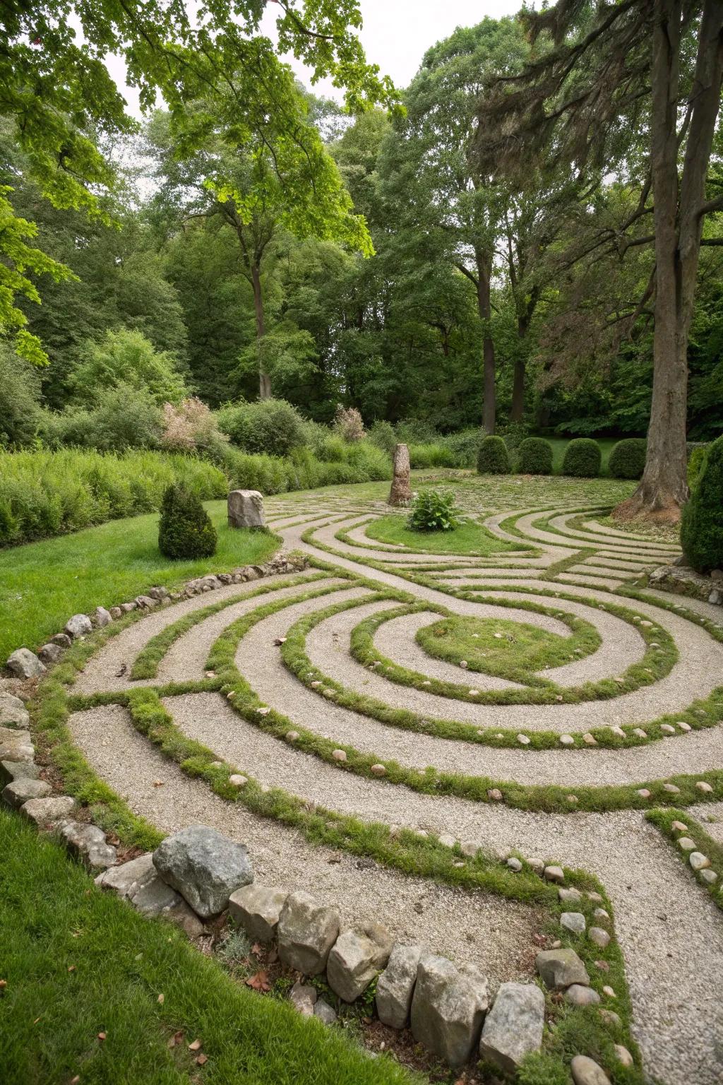 A pebbles and turf labyrinth provides a textural walking journey.