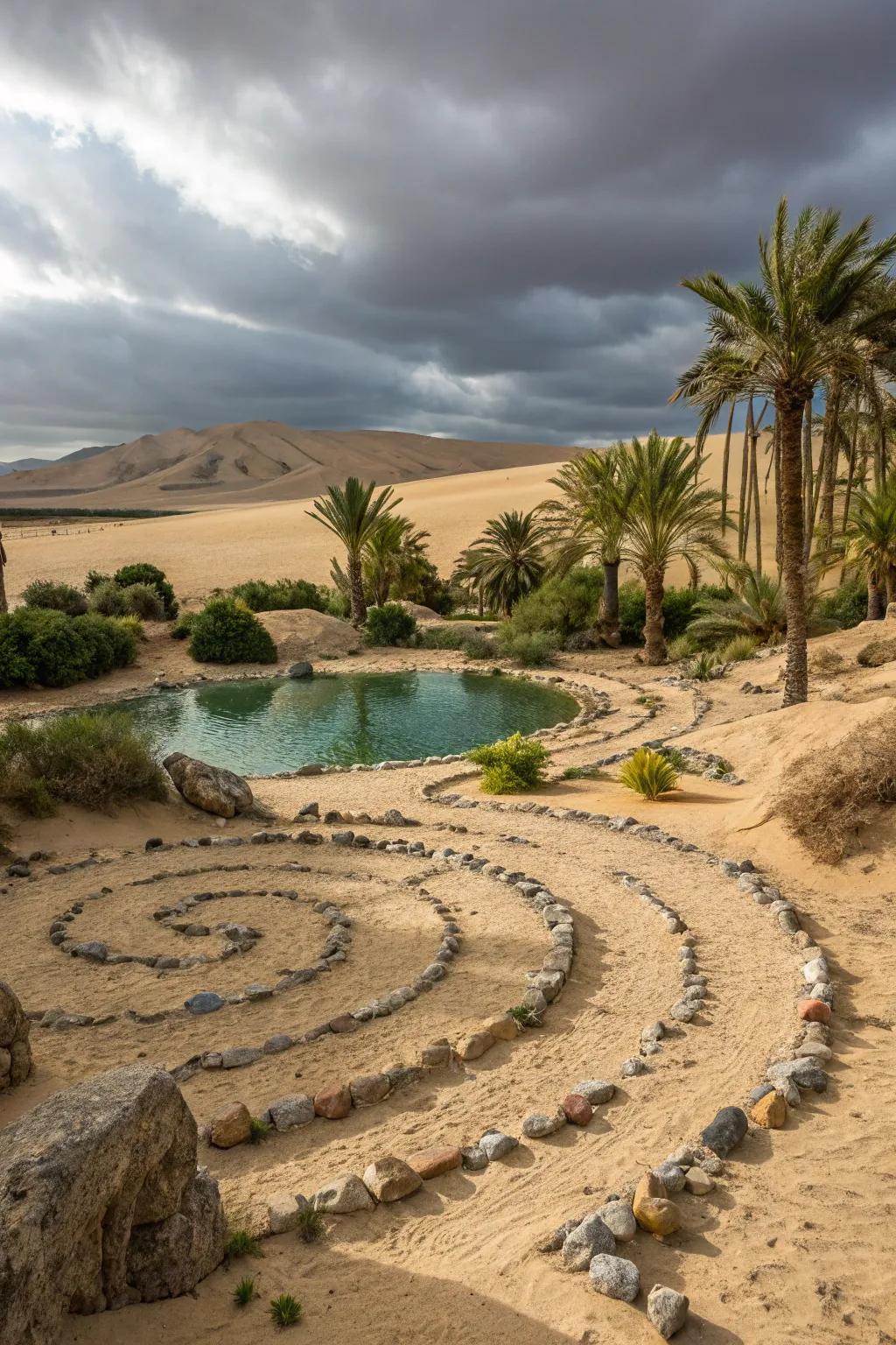 A granules and boulders labyrinth offers a peaceful desert oasis feel.