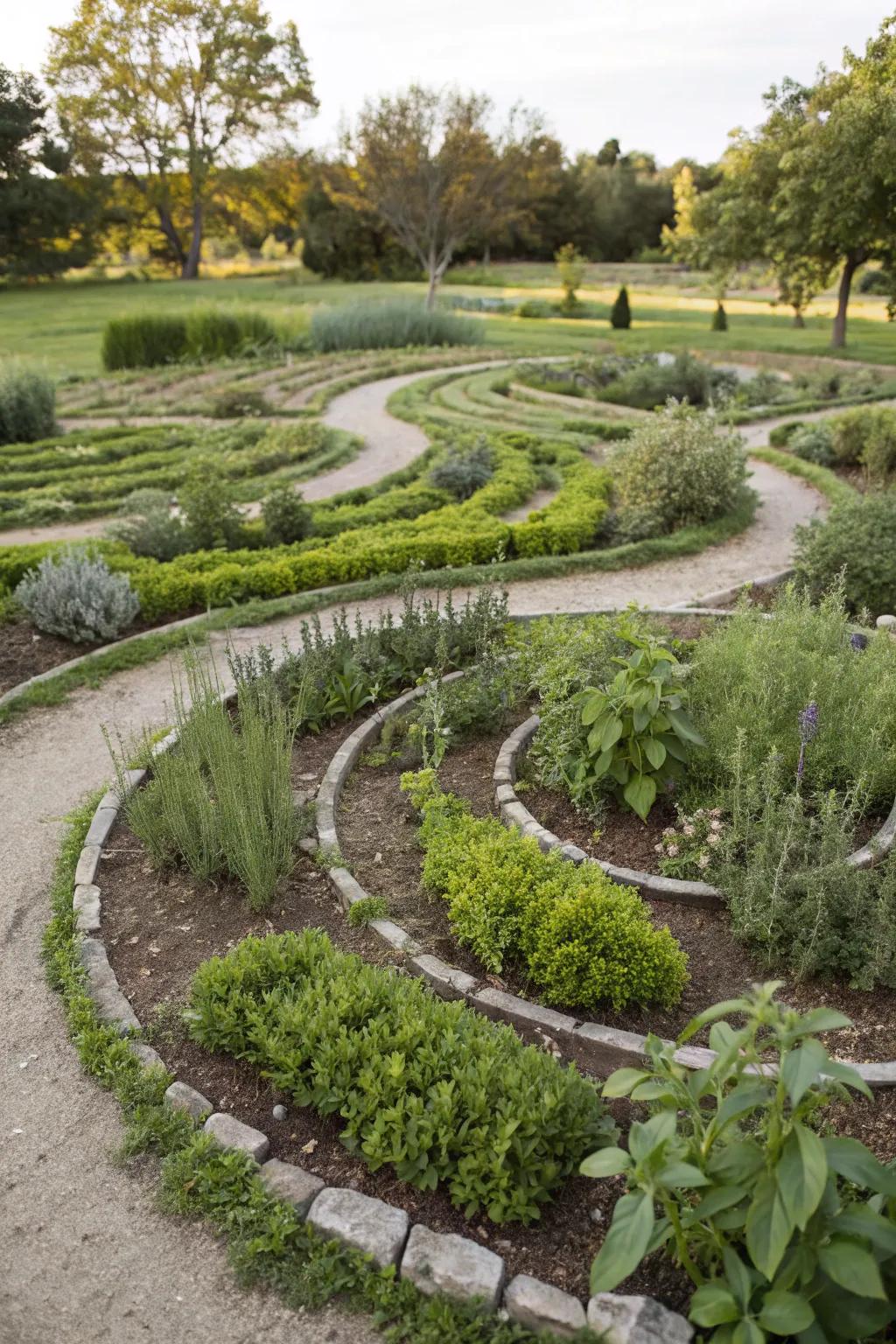 A spiraling herb patch labyrinth offers both meditation and fresh herbs.