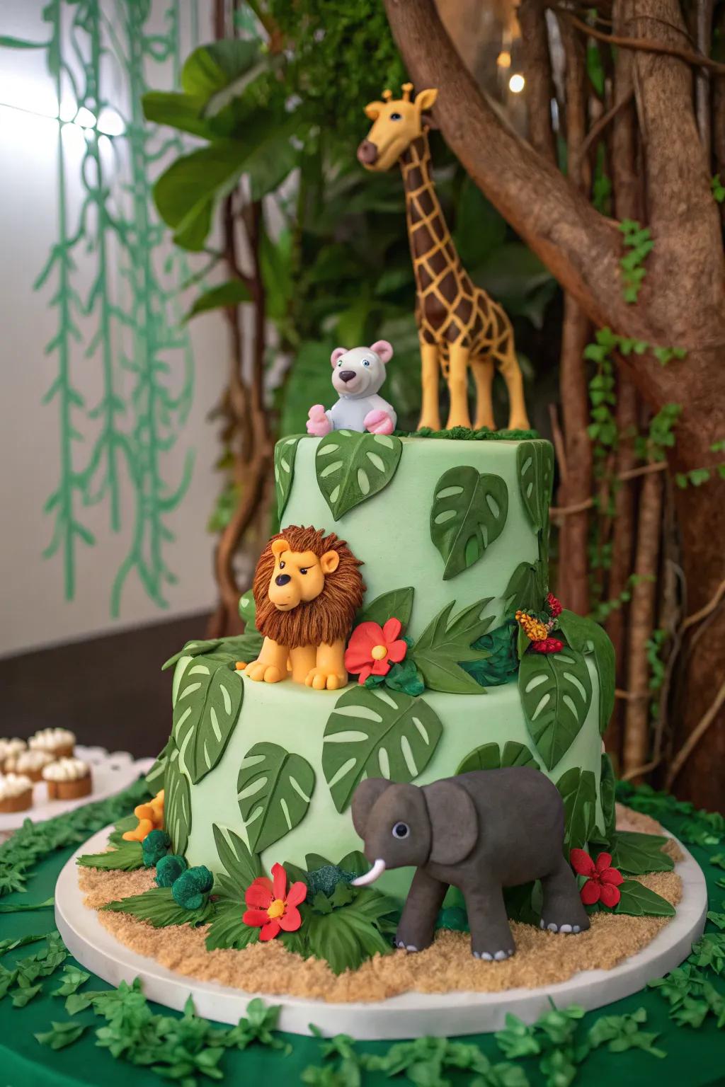 A safari-themed cake with adventurous and wild elements.