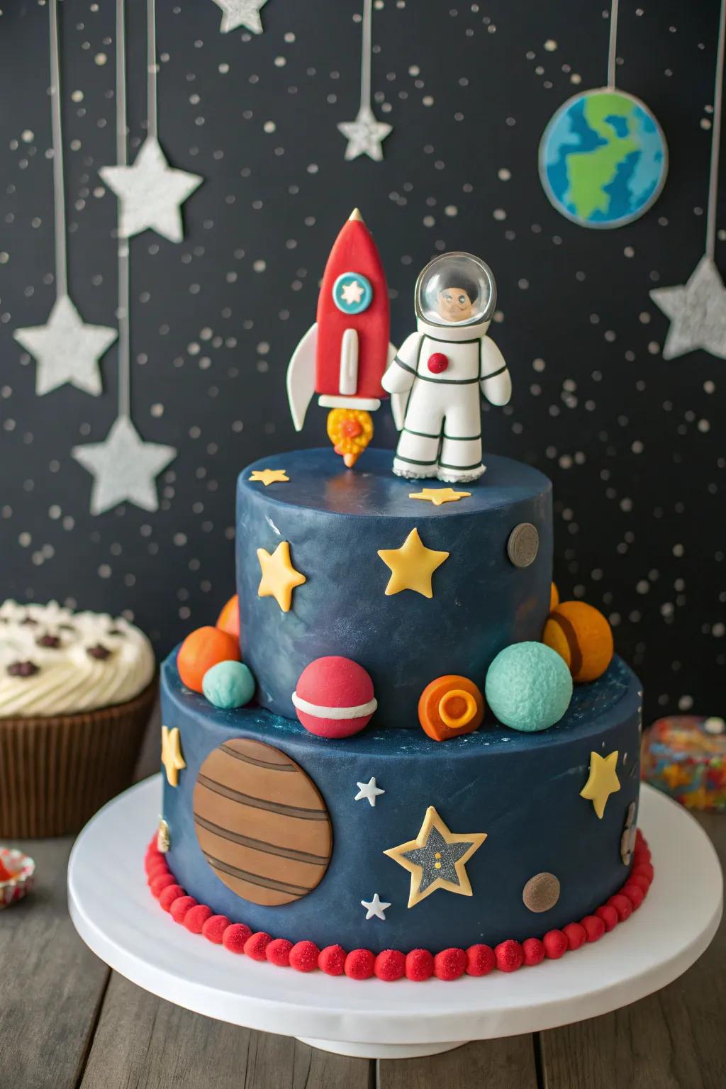 A space-themed cake ready for an intergalactic birthday adventure.