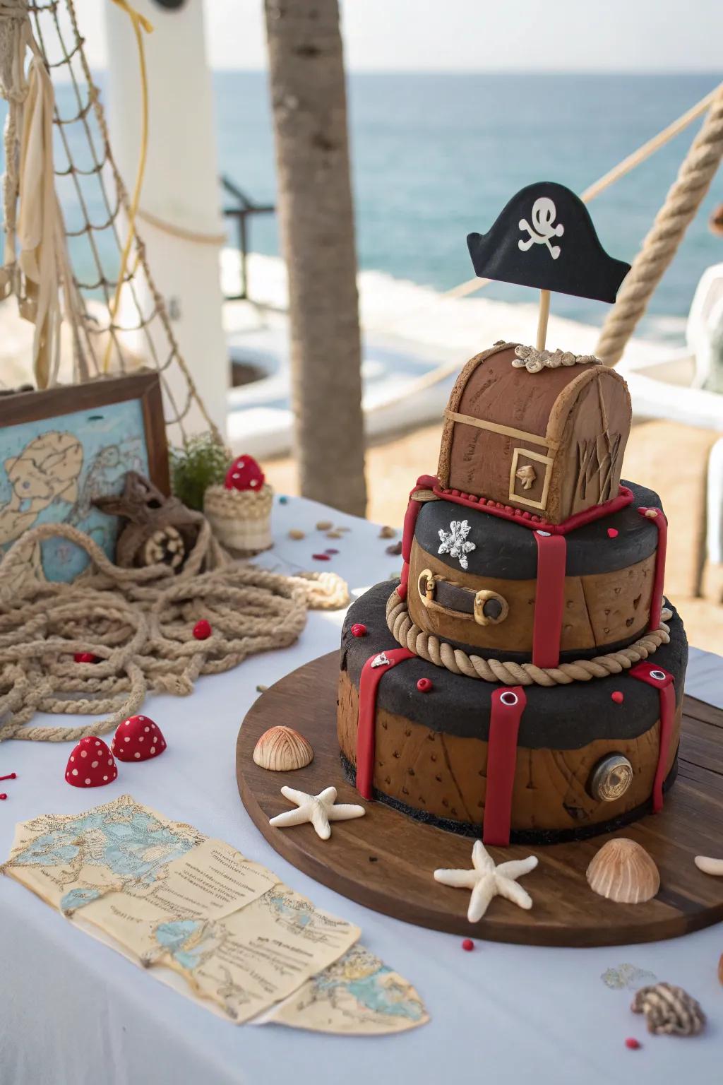 A pirate-themed cake with adventurous decorations.