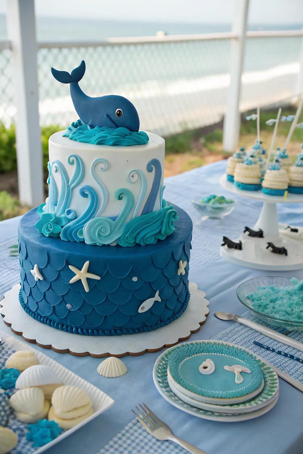 A whale-themed cake with playful oceanic decorations.