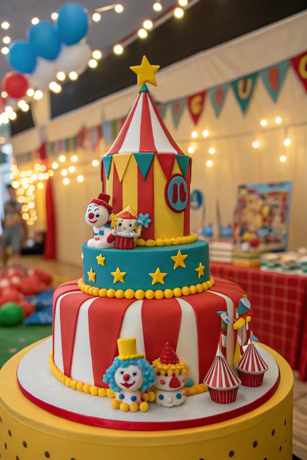 A circus-themed cake featuring playful and colorful decorations.