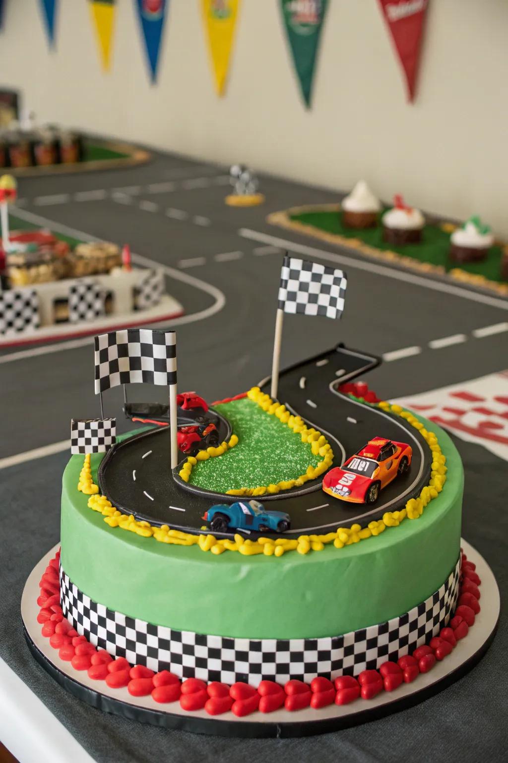 A dynamic race car-themed cake, perfect for young car enthusiasts.