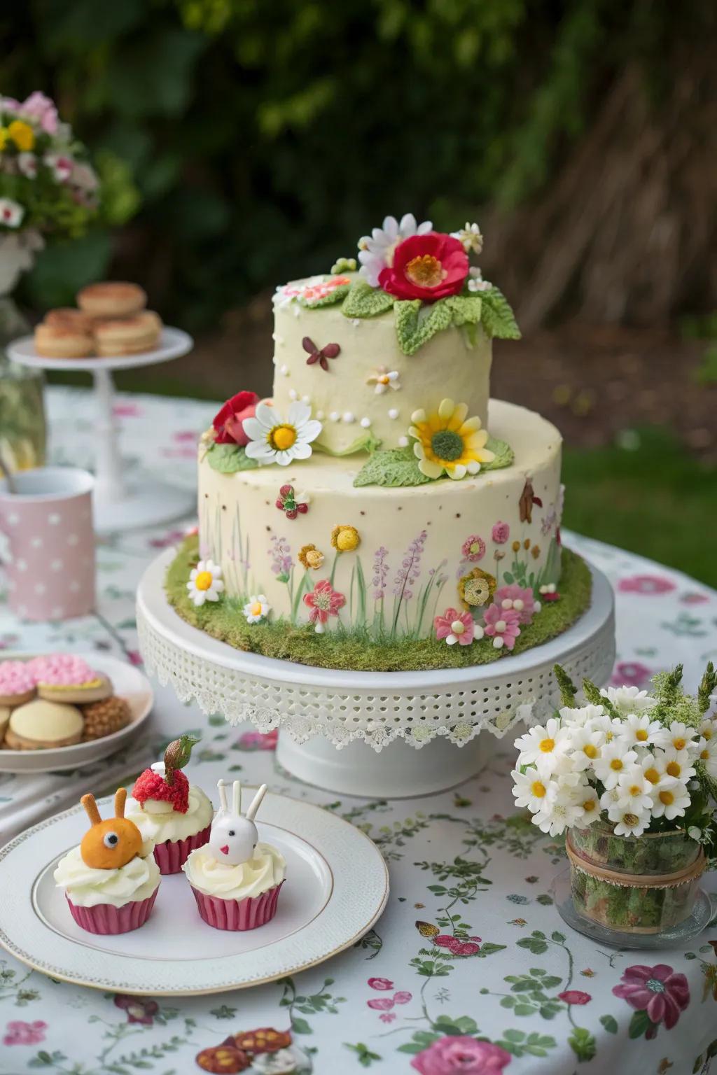 A garden-themed cake with enchanting floral decorations.