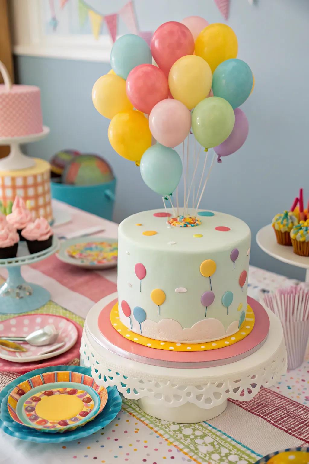 A balloon-themed cake with cheerful and colorful decorations.