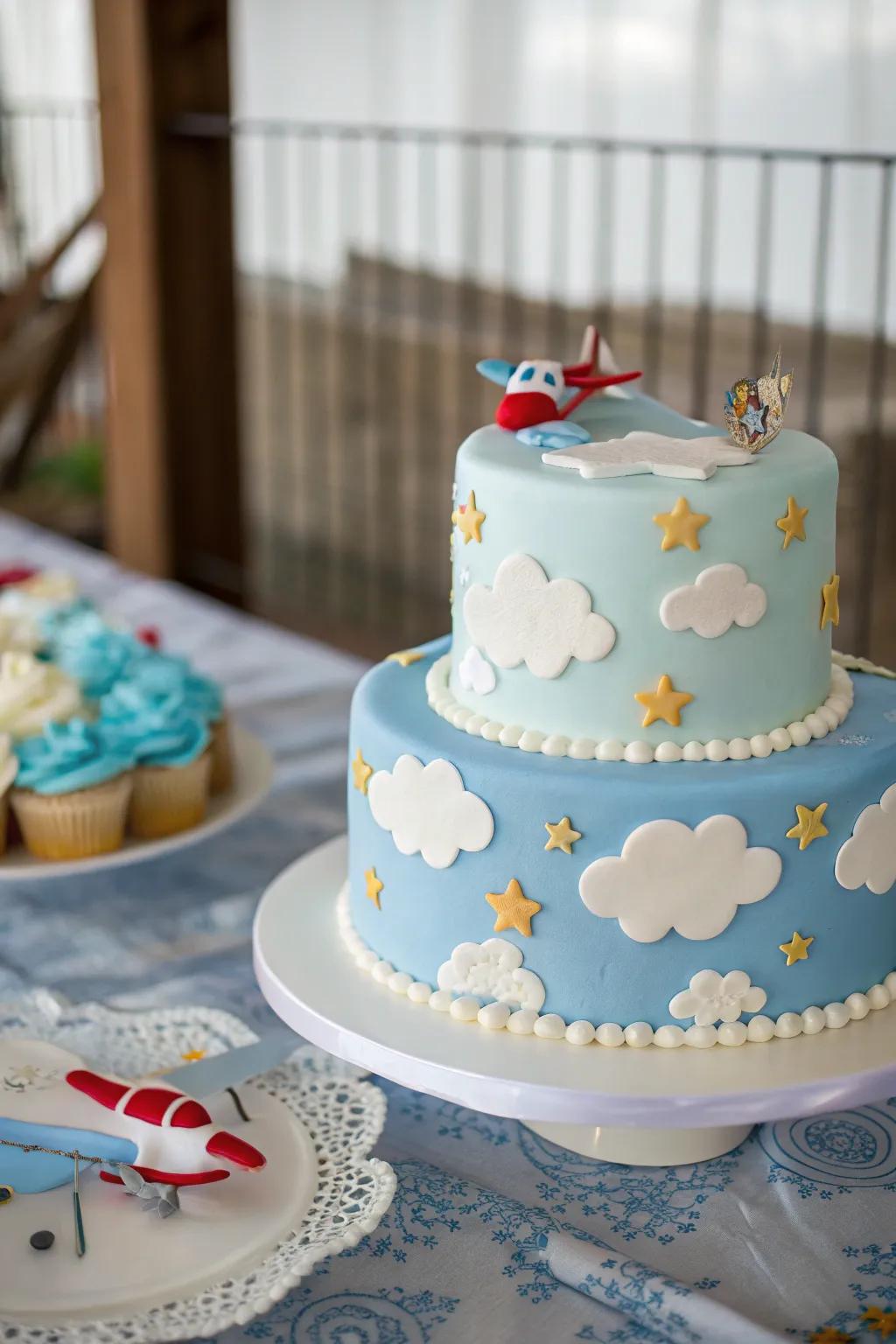A sky-themed cake featuring playful cloud and plane decorations.
