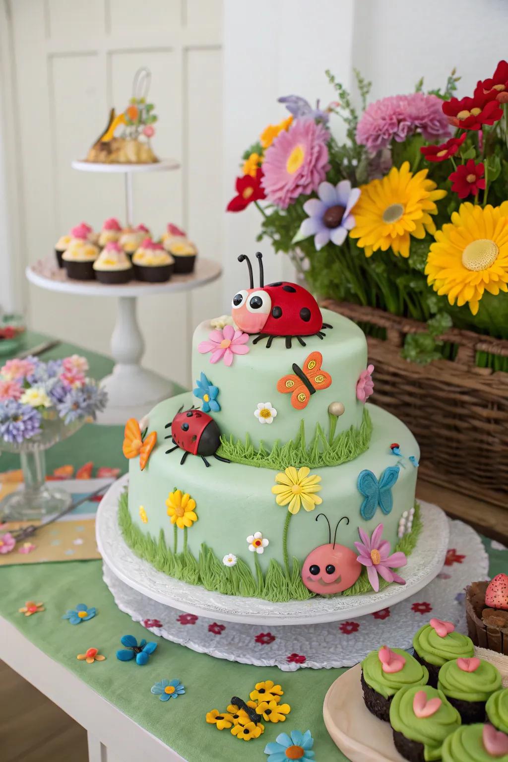 A critter-themed cake with charming tiny creatures.