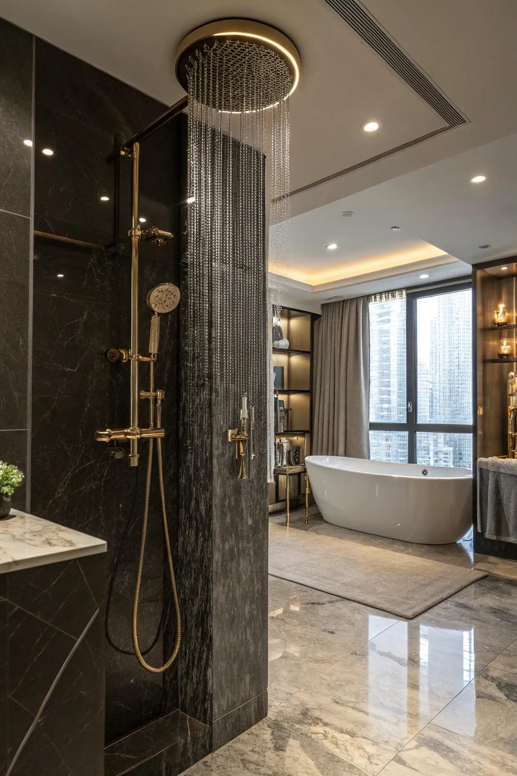 A luxurious bathroom featuring premium fixtures including a rain shower.