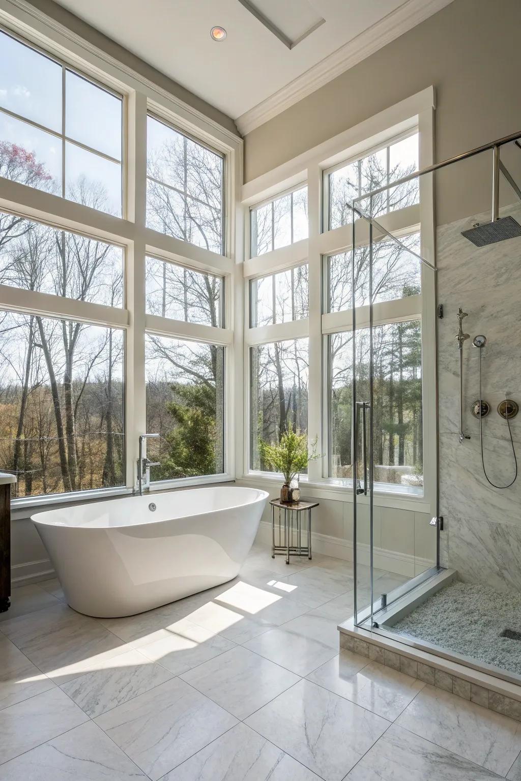 A master bathroom filled with sunlight from expansive windows.