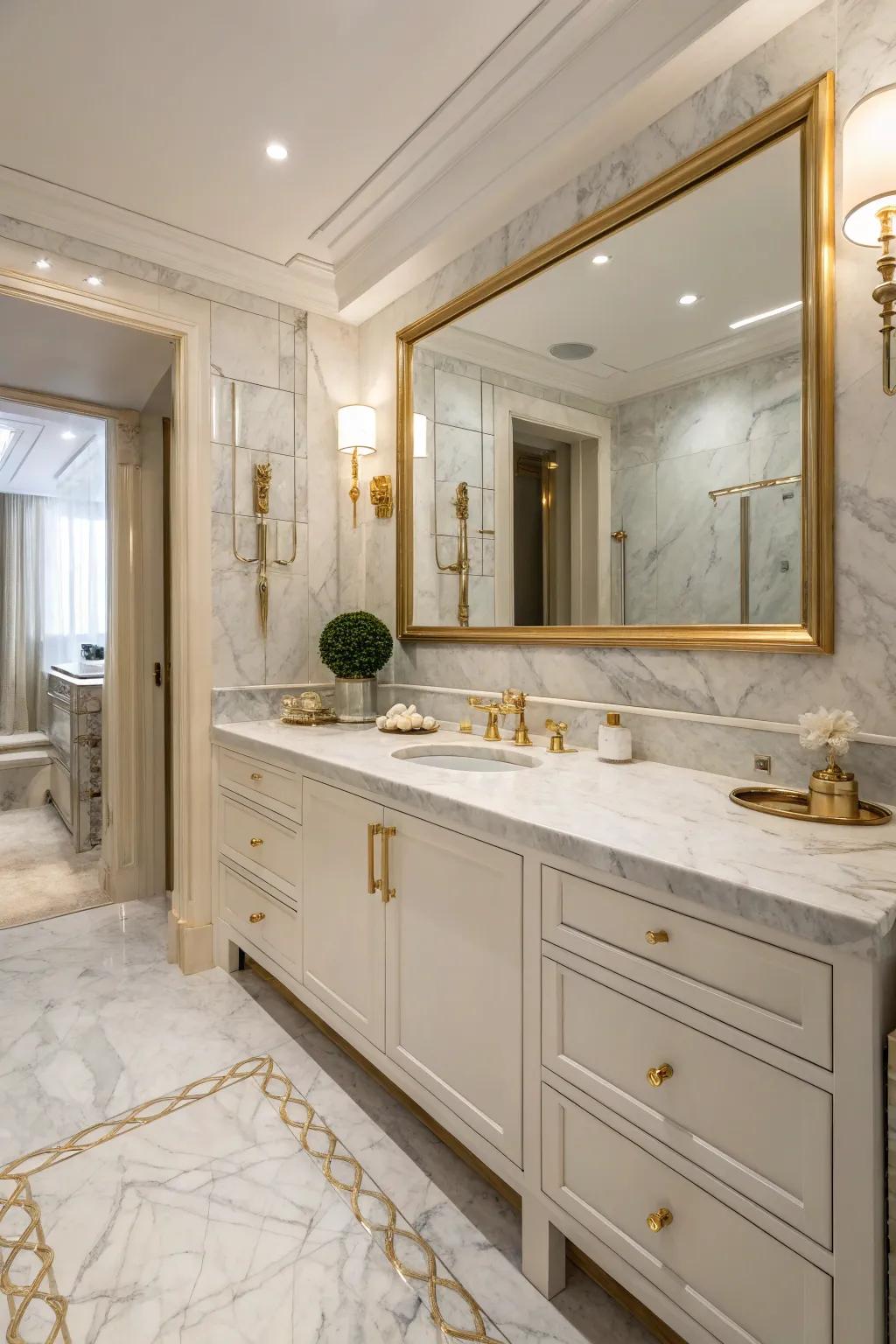 A luxurious bathroom showcasing marble worktops and flooring, perfectly paired with gold details.