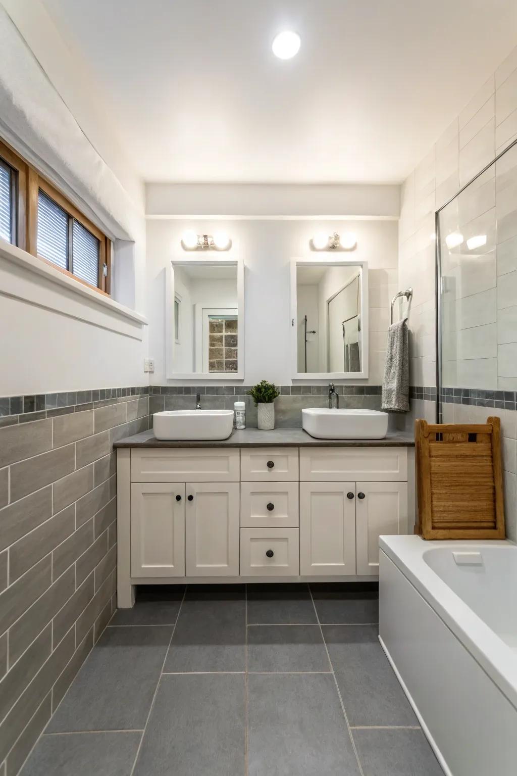 A bathroom featuring a subtle and calming color scheme.